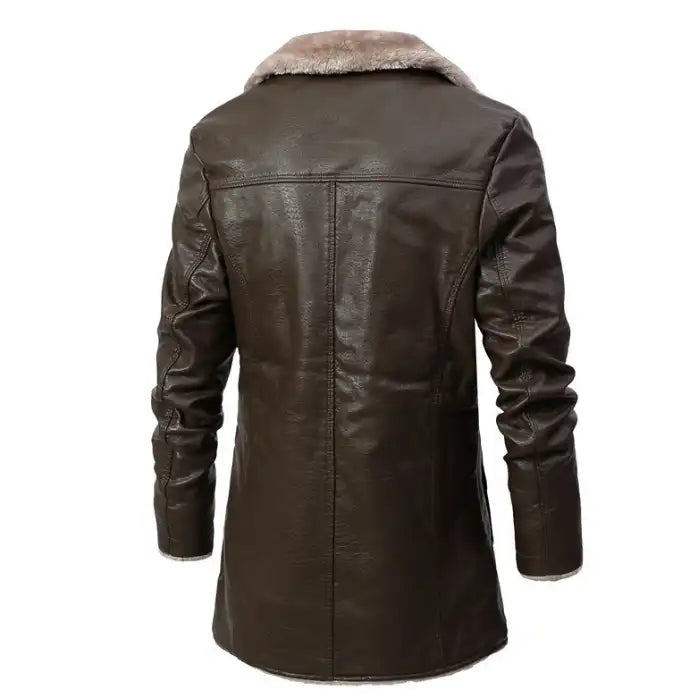 breasted coat for men long brown style showing full back view and smooth leather texture