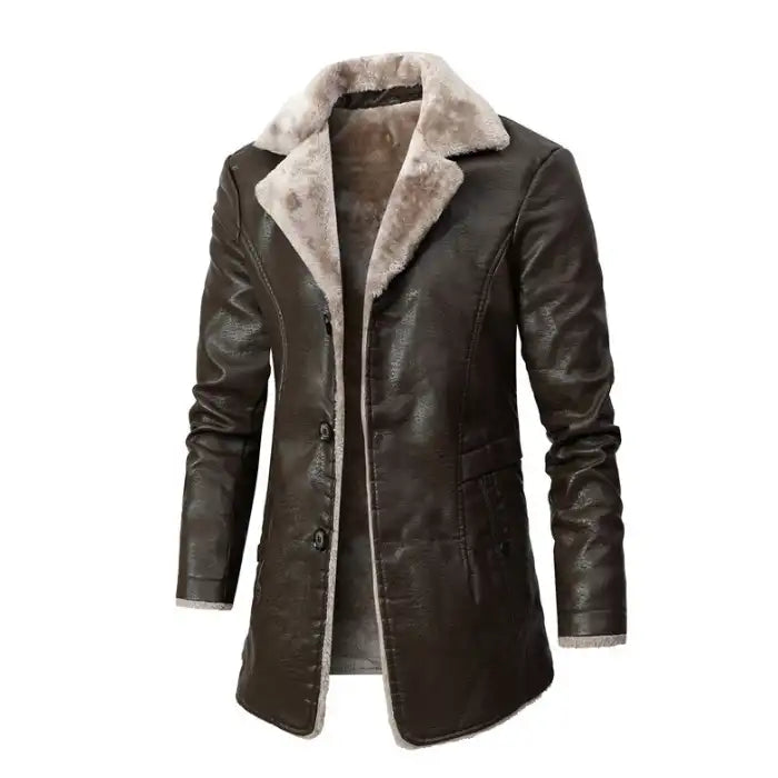 breasted coat for men long brown version featuring beige fur collar and fitted front design
