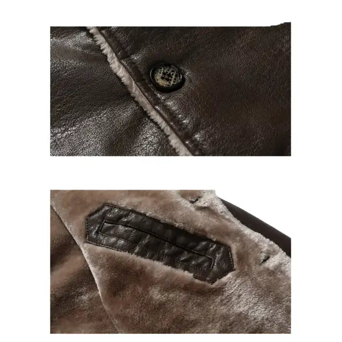 breasted coat for men long brown leather showing button design and interior fur pocket trim