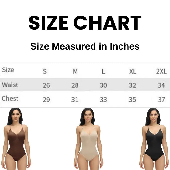 Size chart for seamless shapewear bodysuits in brown, beige, and black colors with waist and chest measurements for post-surgery and fitness wear.