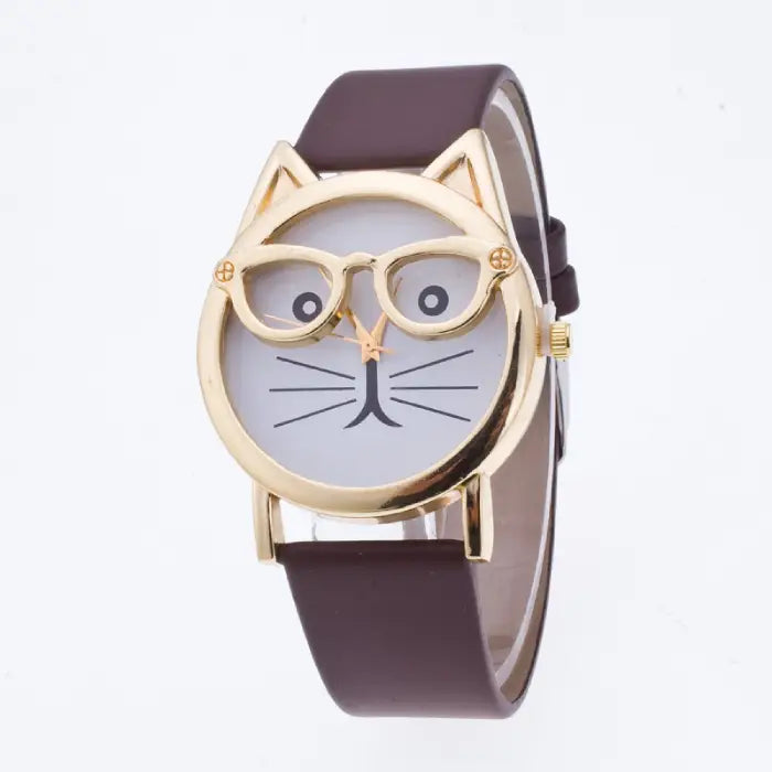 Elegant brown strapped wristwatch with a cat-ear design and a charming white dial featuring a cat face motif.