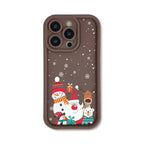 festive Iphone case in brown with Christmas decorations, snowman, santa, rudolf a penguin and white bear.  Compatible with iphone 12-16