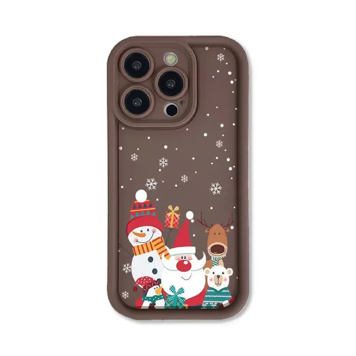 festive Iphone case in brown with Christmas decorations, snowman, santa, rudolf a penguin and white bear.  Compatible with iphone 12-16