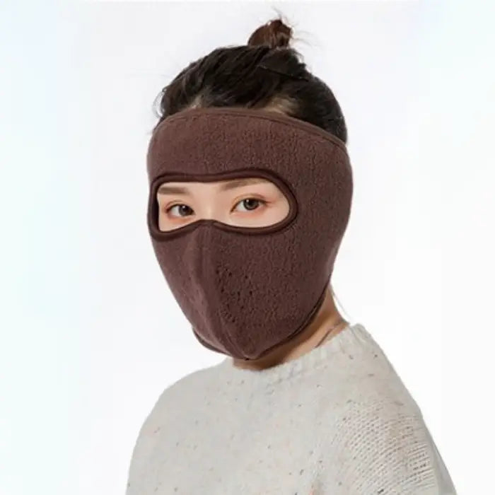 Brown fleece mask for women offering warmth and comfort in cold weather outdoor settings.