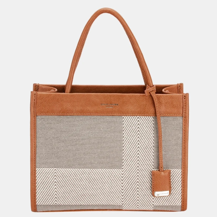 Stylish designer tote bag featuring brown leather trim and geometric canvas pattern, perfect for everyday luxury