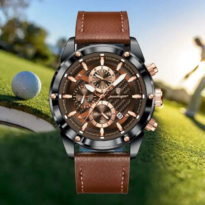 High-end leather watch with a brown strap, rose gold accents, and chronograph features, displayed on a golf course background.