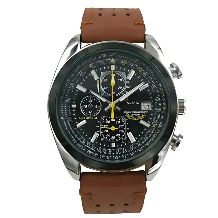 Premium chronograph timepiece with brown perforated leather band, black dial, and stainless steel case with yellow indicators