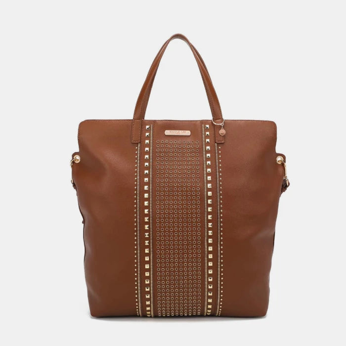 Classic brown leather tote bag back view showing exterior zipper pocket and clean minimalist design details