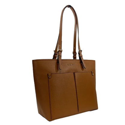 Michael Kors Side angle of brown leather tote bag showcasing its spacious interior and stylish design.