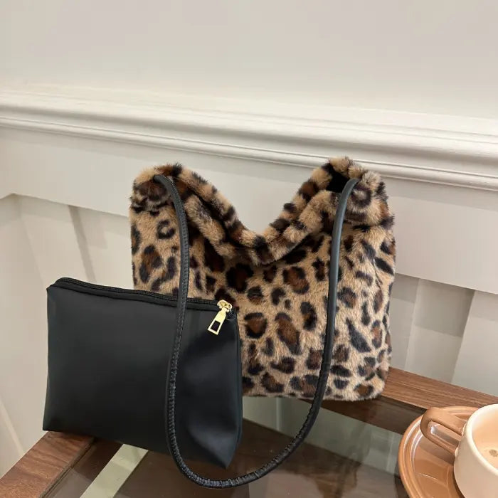 Brown leopard print faux fur handbag with black pouch, ideal for chic daily and casual looks.