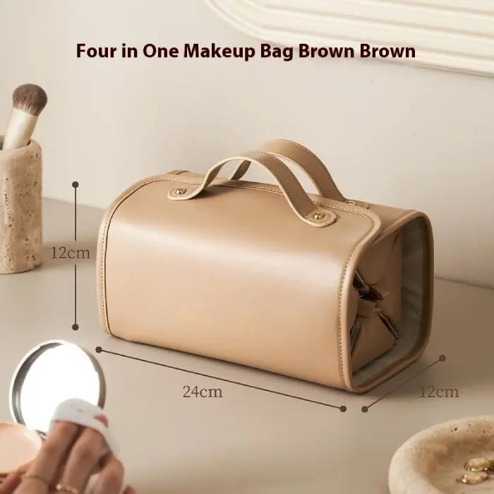 Brown makeup bag with dimensions of 24cm by 12cm, ideal for organized cosmetic storage and travel.