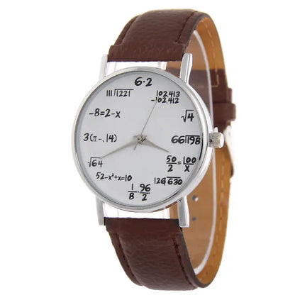 Stylish wristwatch with brown strap and unique math equations design on the white analog dial.