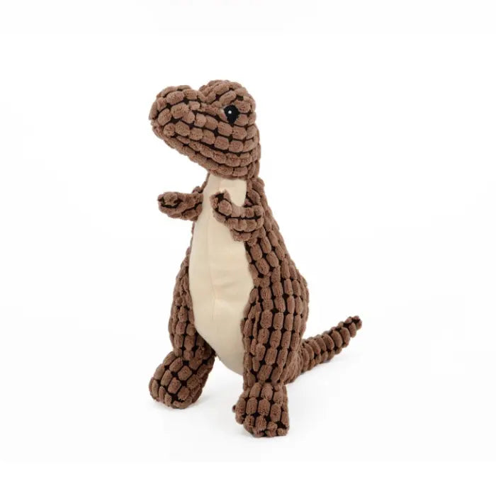 A soft brown T-Rex plush toy with a textured pattern and beige belly.