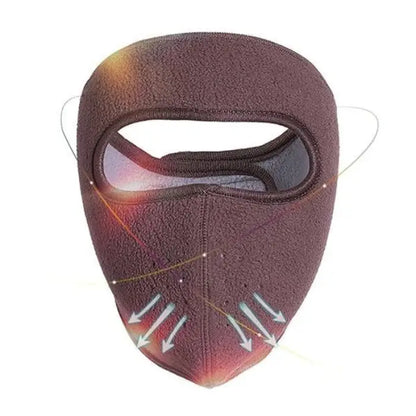 Brown thermal fleece mask with airflow design for breathable and warm winter wear.