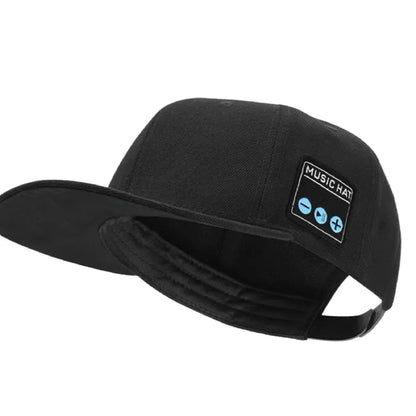 black bluetooth music hat with volumen and track control.