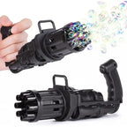 Bubble Maker Gun in black shown spraying bubbles with close-up hand grip view.