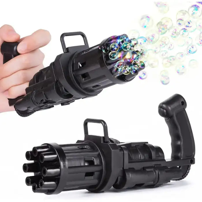 Bubble Maker Gun in black shown spraying bubbles with close-up hand grip view.