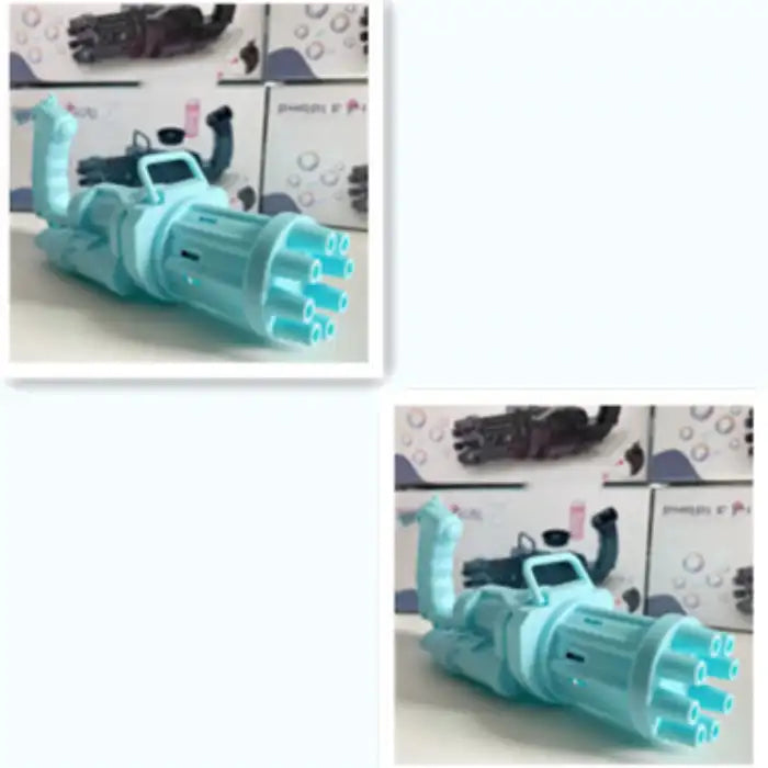 Bubble Maker Gun in light blue shown from two angles in front of its packaging.