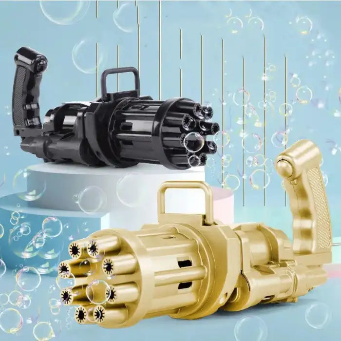  Bubble Maker Gun in gold and black displayed on podium with floating bubbles on blue background.