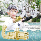 Bubble Maker Gun used by child outdoors with gold and black bubble guns spraying streams of bubbles.