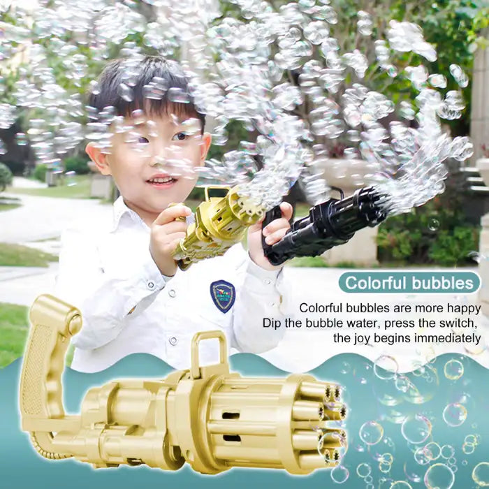 Bubble Maker Gun used by child outdoors with gold and black bubble guns spraying streams of bubbles.
