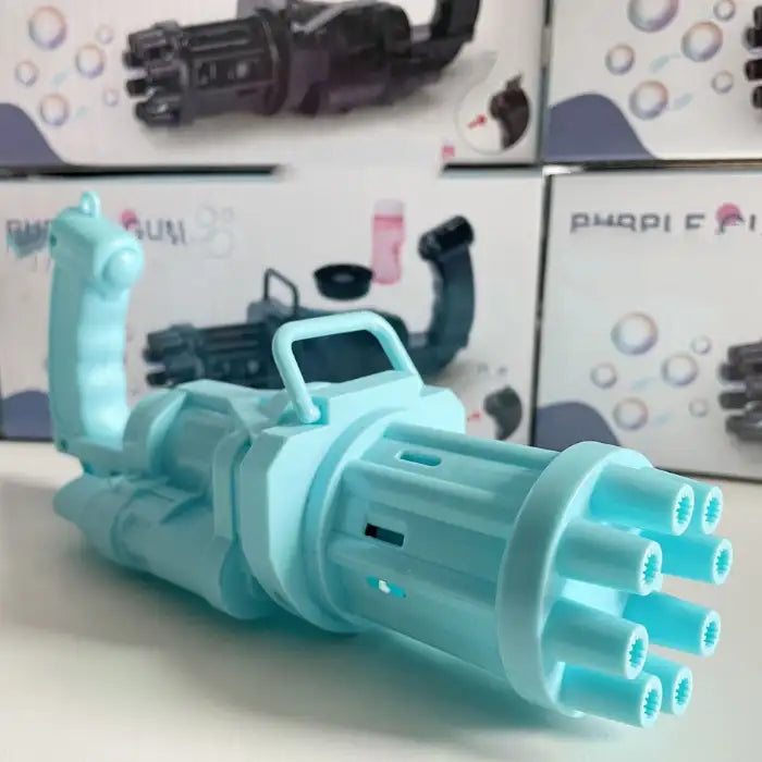Bubble Maker Gun in light blue shown with product packaging in the background.