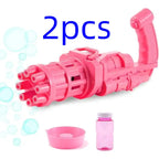 Bubble Maker Gun pink two-pack bundle includes solution bottle and tray with 2pcs label.