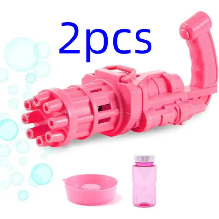 Bubble Maker Gun pink two-pack bundle includes solution bottle and tray with 2pcs label.