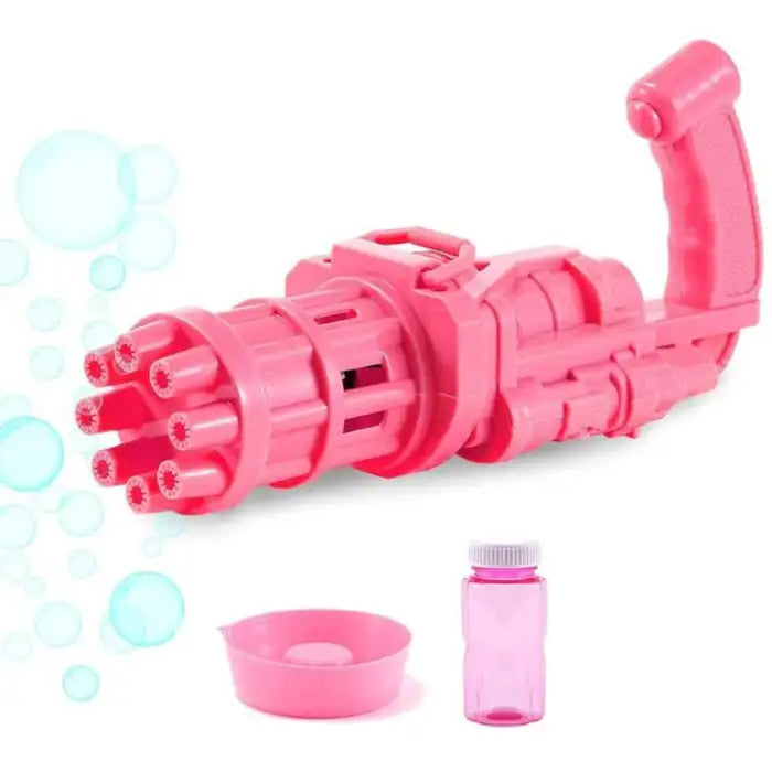 Bubble Maker Gun in pink color shown with bubble solution bottle and dip tray.
