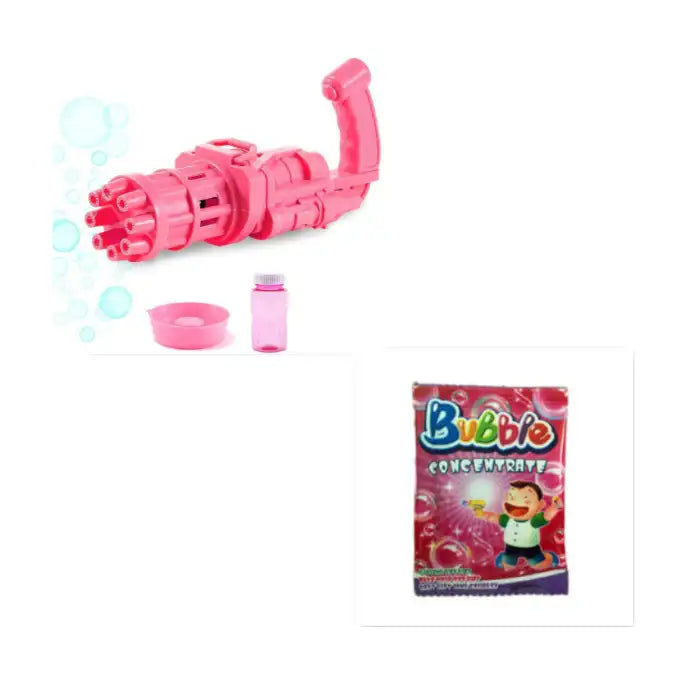 Bubble Maker Gun pink set with bubble concentrate packet and accessories included.