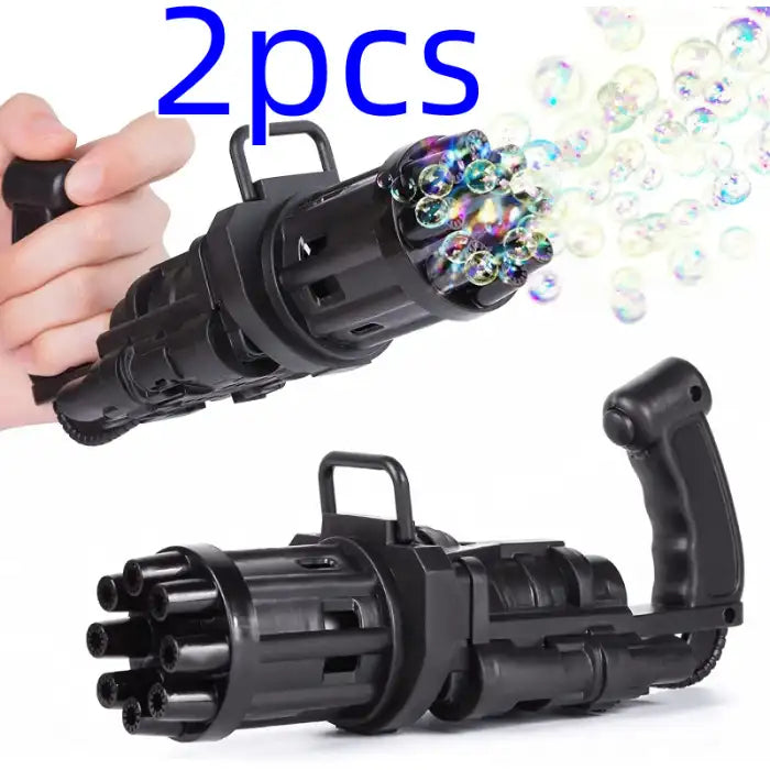 Bubble Maker Gun two-pack in black shown blowing bubbles with bold 2pcs text above.