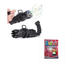 Bubble Maker Gun in black with included red bubble concentrate packet for refill use.