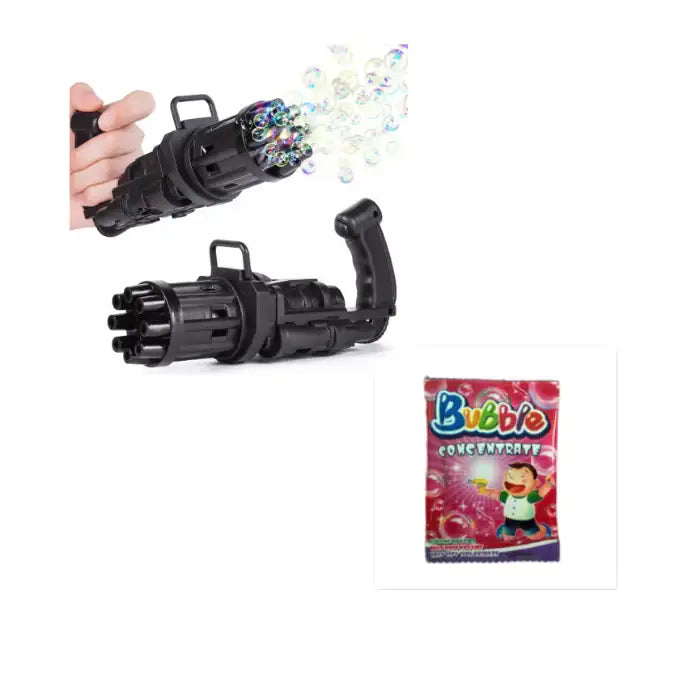 Bubble Maker Gun in black with included red bubble concentrate packet for refill use.