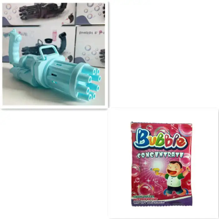 Bubble Maker Gun in light blue shown with a bubble concentrate packet placed beside it.