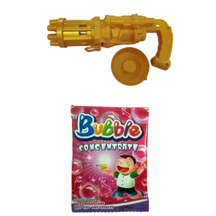 Bubble Maker Gun in yellow shown with matching tray and bubble concentrate packet included.