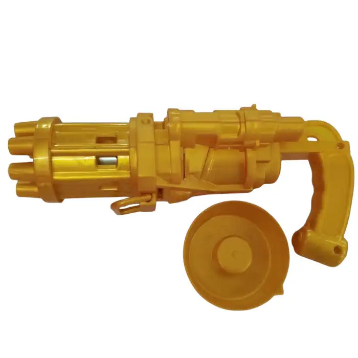 Bubble Maker Gun in bright yellow with included bubble dipping tray on white background.