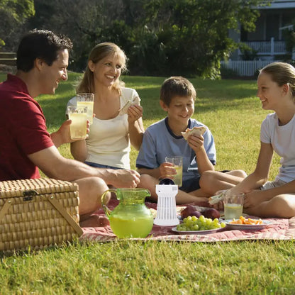 bug zapper on a picnic blanket with a family enjoying outdoor time without bugs.