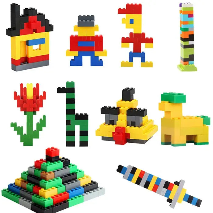 Dimensions and size guide for building blocks in various colors, shapes, and sizes.