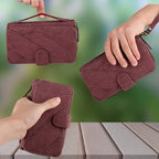Magnetic wallet phone case in burgundy leather featuring textured exterior, snap closure and wristlet functionality