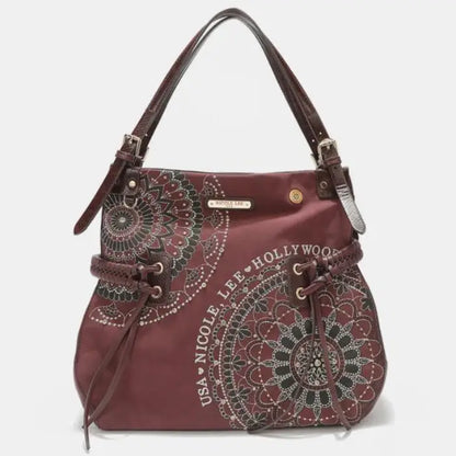 Burgundy shoulder bag with mandala design and braided details, adding a unique touch to any outfit.