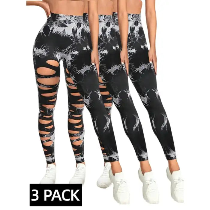 Butt Lifting Yoga Pants in black with white tie-dye and ripped sides, 3-pack set for activewear style.
