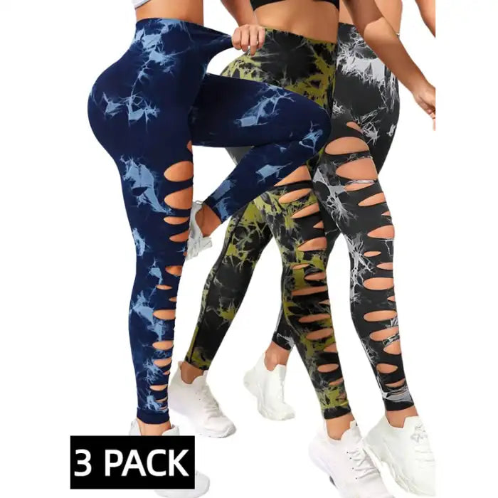 Butt Lifting Yoga Pants 3-pack featuring navy blue, yellow, and black tie-dye ripped leg leggings.