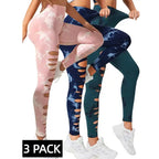 Butt Lifting Yoga Pants in pink, blue, and teal mix, featuring tie-dye design and side slits, 3-pack set.