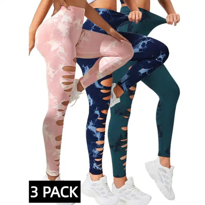 Butt Lifting Yoga Pants in pink, blue, and teal mix, featuring tie-dye design and side slits, 3-pack set.