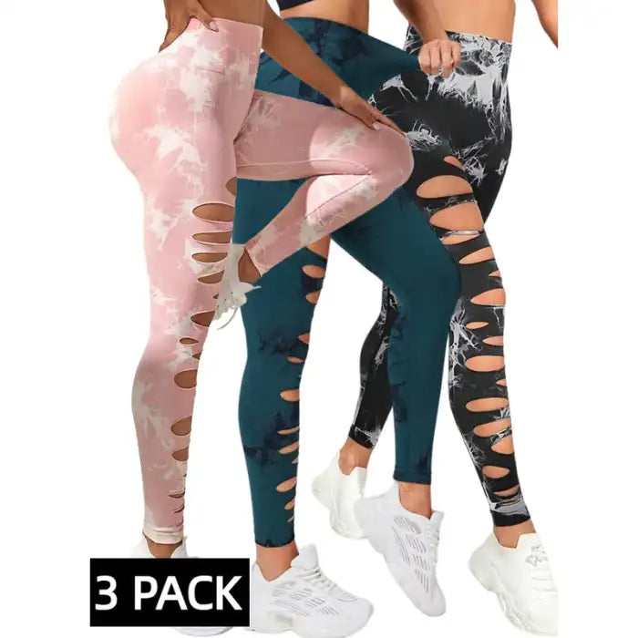 Butt Lifting Yoga Pants 3-pack with pink, teal, and black tie-dye ripped styles for fitness wear.