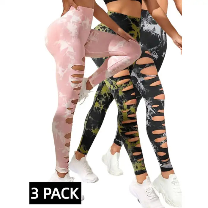 Butt Lifting Yoga Pants in pink and green-black tie-dye with ripped legs, part of 3-pack leggings set.