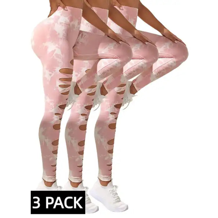 Butt Lifting Yoga Pants in soft pink with white tie-dye and side cutouts, sold in 3-pack combo.