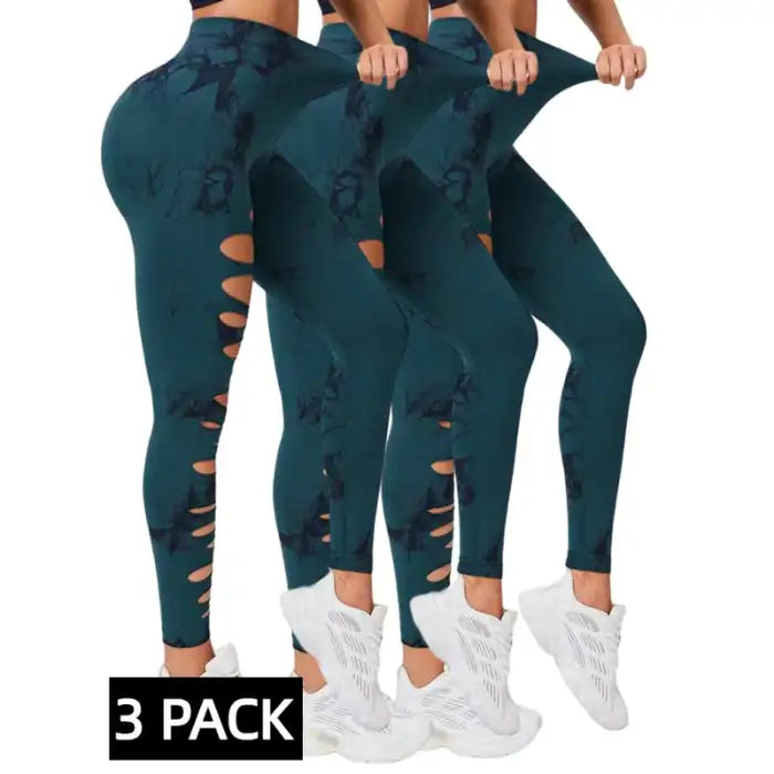 Butt Lifting Yoga Pants in teal with side cutouts and tie-dye pattern, 3-pack high-stretch fit.