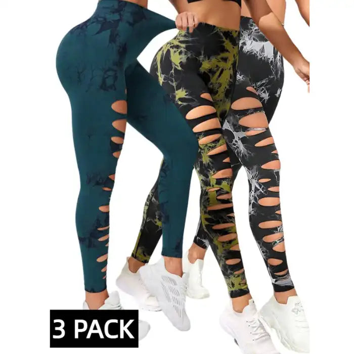 Butt Lifting Yoga Pants pack with teal, yellow-black, and black-white cutout leggings, 3-pack option.