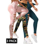 Butt Lifting Yoga Pants in pink, green, and teal tie-dye with thigh cutouts, bundled in a 3-pack.